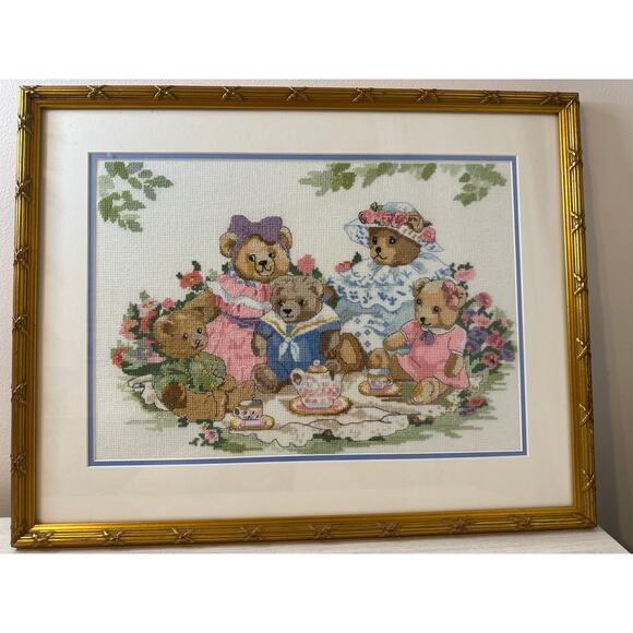 Framed Vintage Dimensions Teddy Bear Tea Party Cross-Stitch Whimsical Nursery - Picture 1 of 4